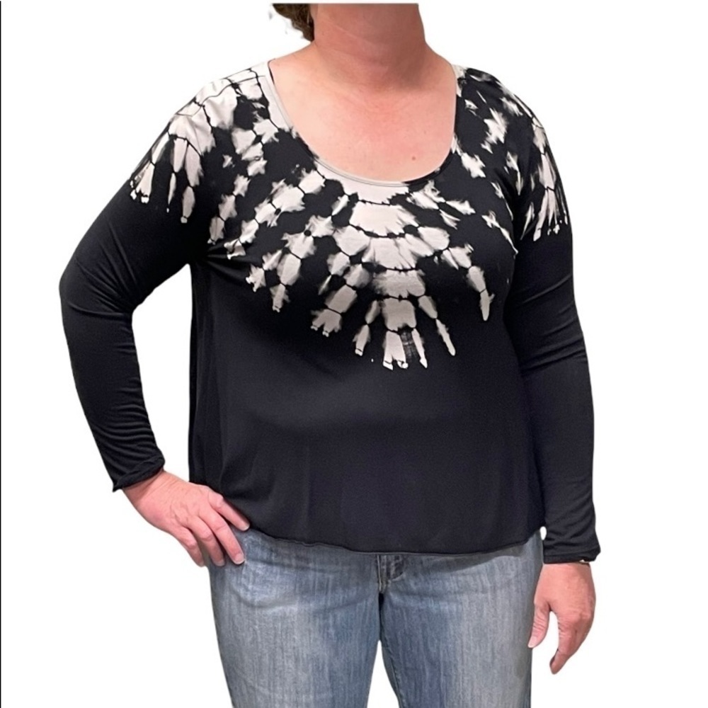 𝅺PATRONS of Peace black rayon top w/tie dye upper portion grunge whimsigoth